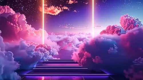 Abstract vibrant cloudscape with glowing steps to the sky