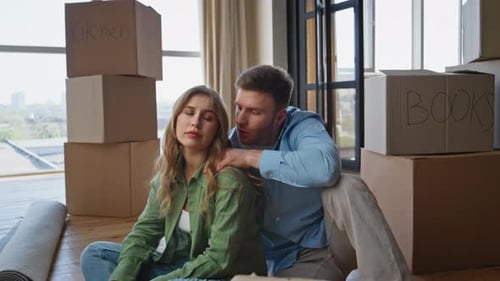Exhausted Spouses Moving Apartment Feeling Stress Fatigued Homeowners Rest