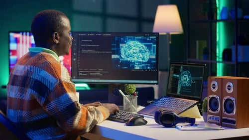 African American IT Professional Managing AI System for Machine Learning