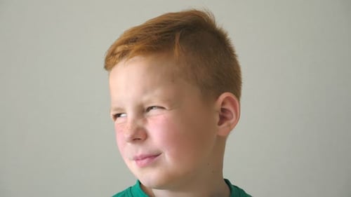 Retrato de menino ruivo com sardas Adorável bebê lindo olhando para a câmera e virando a dele