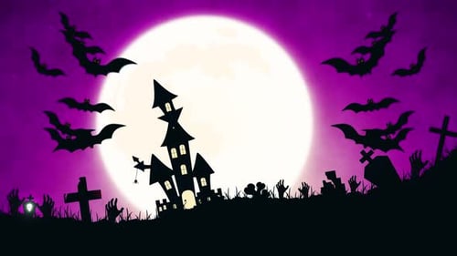 Creepy seamless horror loop with eerie graveyard silhouettes, haunted house, crosses.