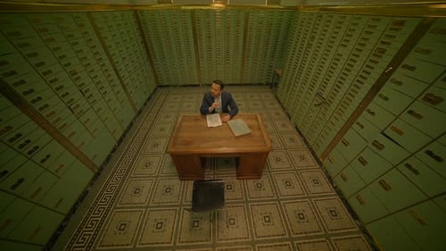 Businessman Entering Bank Safe Vault Room Storing Silver Bullion Inside Deposit