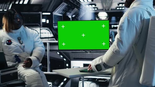 Astronauts in Advanced Technology Spacecraft Using Green Screen Monitor