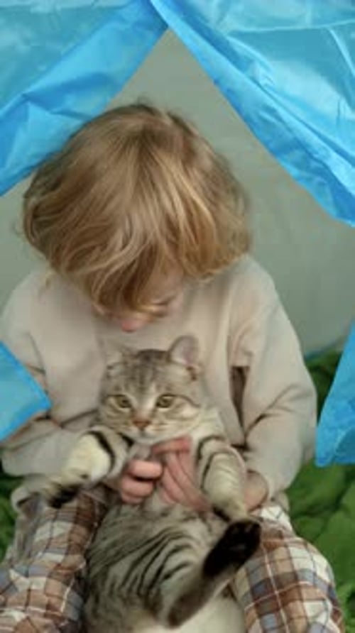 close up curly boy hugging cat