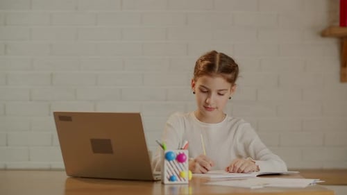 Happy School Pupil Distance Learning Studying Online at Virtual Class with Teacher Tutor By Video