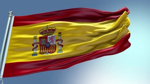 Realistic Spain Flag Waving Loop against Blue Sky