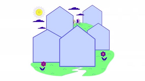 Modern Animated Landscape with Houses and Walking Figures