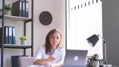 Young Female Office Manager Working in the Office Work Woman in the Office Sitting at the Laptop