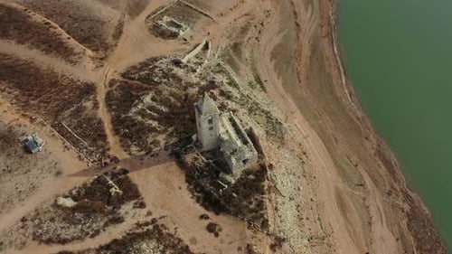 Aerial view of the Sau reservoir in drought.