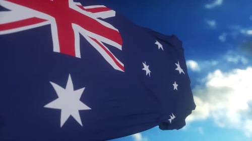 Realistic Australian Flag Waving Against Blue Sky Loop