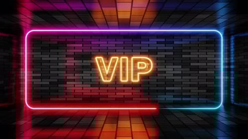 Glowing Neon VIP Sign with Flashing Lights on Brick Wall
