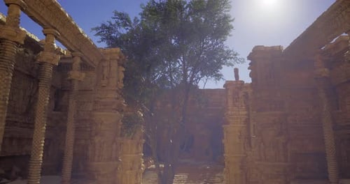 Ruines du temple antique avec arbre sous la lumière du soleil en plein air