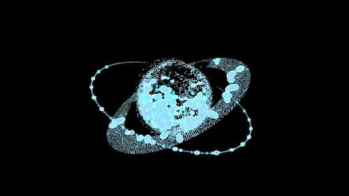 Interface Collection: bucle principal continuo de un planeta en rotación con un anillo por el que pasan elementos