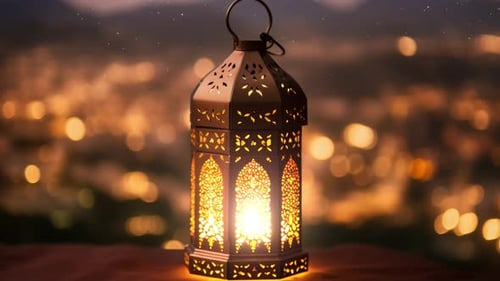 Ramadan-Laterne mit islamischen Inschriften auf den Hügeln der Berge