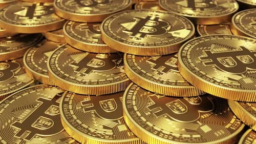 Panning Over a Heap of Golden Bitcoin Cryptocurrency Coins