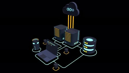 Animação de computação em tecnologia de nuvem. Tecnologia de nuvem moderna. Conceito isométrico de data center