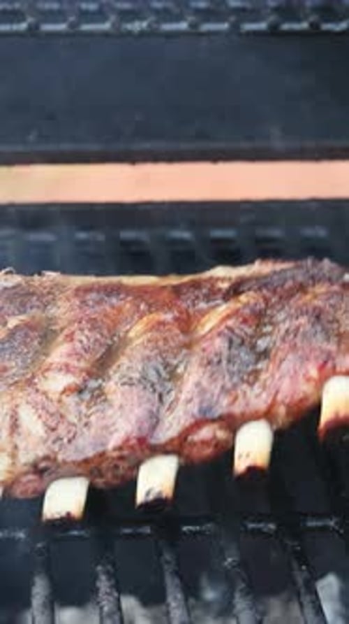 Pork Ribs Marinated in a Sweet Sauce are Being Roasted Over BBQ Grill Heated to a Flaming