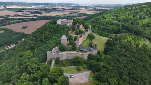 Helfstyn Castle, Tyn nad Becvou, Czech Republic. Aerial panoramic view of historical complex.