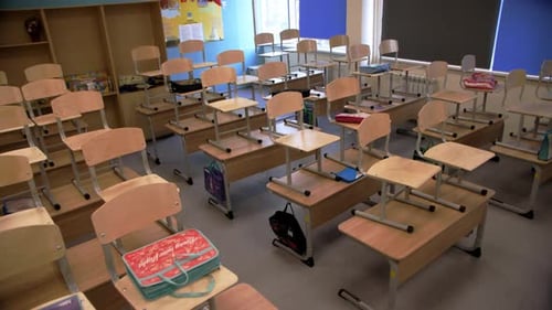 Classroom with Empty Desks and Chairs, School Interior