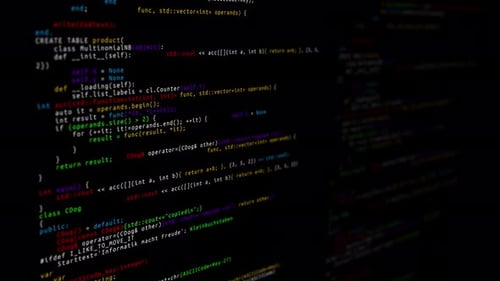 3D-Computercode und Daten erscheinen im dunklen digitalen Raum