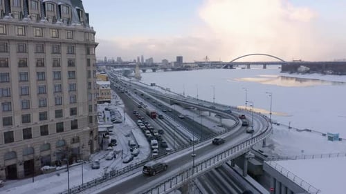 Modern City Interchange Junction Aerial Drone View of Busy Cars Traffic on the Road