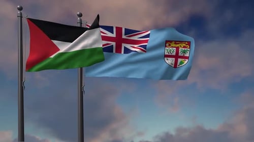 Palestine and Fiji National Flags Waving in the Wind