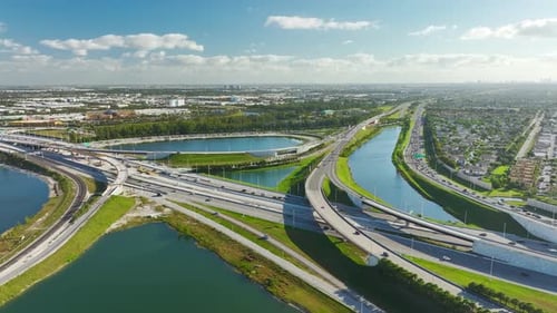 Aerial View of Busy American Freeway Road Interchange Under Construction in Miami Florida