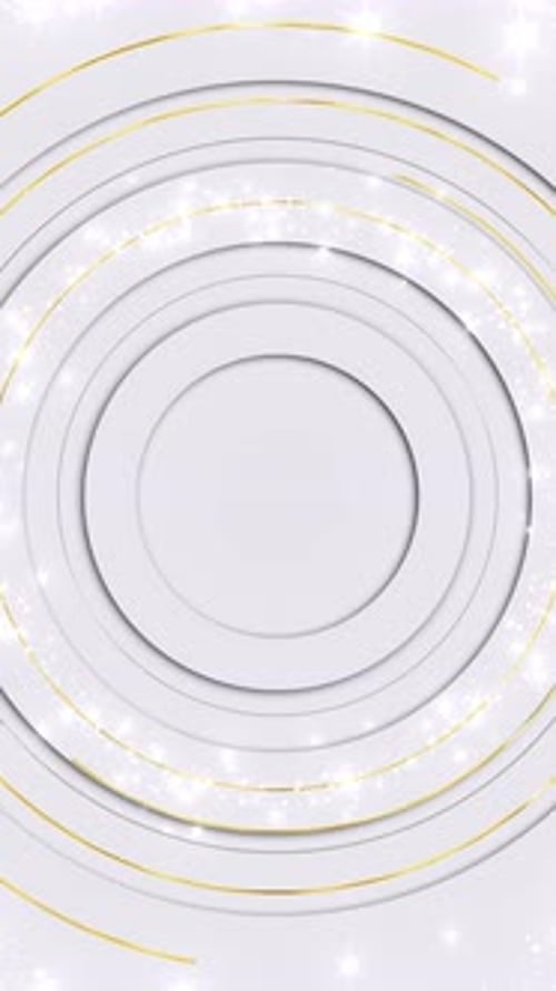 Cercle blanc propre, géométrique, particules dorées et noires de luxe, fond de luxe, cercles dorés