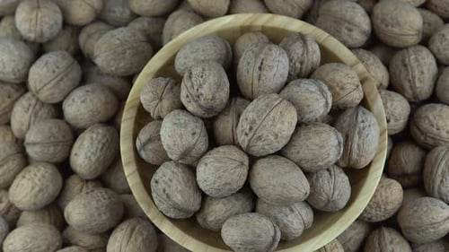 Walnut in Shell Background View From Above Healthy Food Bowl Top View