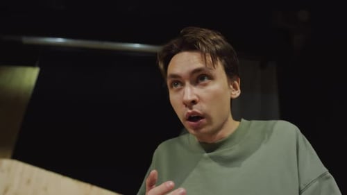 Young Actor Performing Monologue on Rehearsal in Theatre