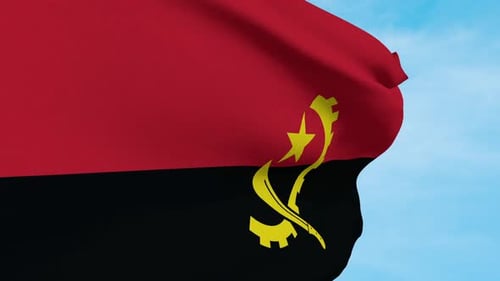 Angola Flag Waving In The Wind With Blue Sky Background