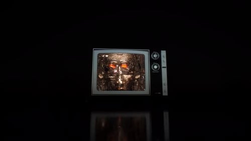 Retro TV Screen Showing Glitching Abstract Metallic Face