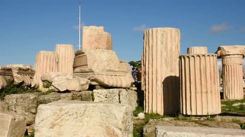 Greek ruins in Acropolis of Athens, ruins of columns.