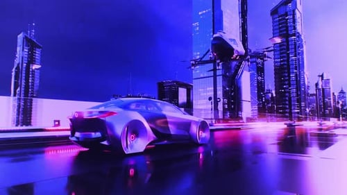 Futuristic car speeds through city