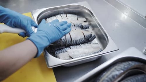 Poisson frais tranché préparé dans un plateau en acier inoxydable