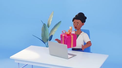 Female character working on laptop and Gift box pops up. Happy smily face. Win concept