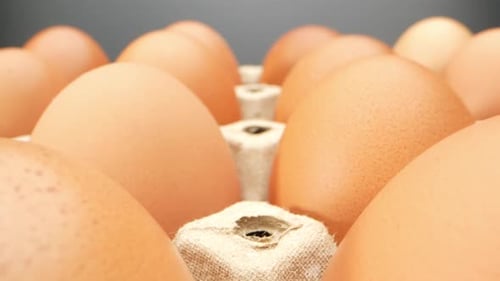 Fresh eggs in a paper tray.
