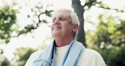 Breathe, happy and senior man in park for fresh air, wellness and active hobby for health
