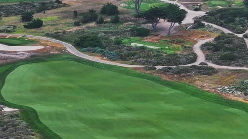 Aerial View of Bunkers Sand in Golf Court with Putting Green Grass
