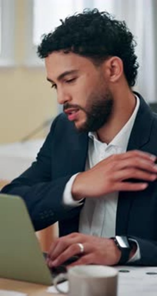 Business man, shoulder pain and laptop in office with stress, injury or muscle cramp with bad