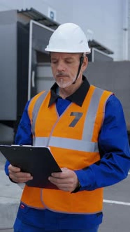 Vertical of Engineer Stands Near Warehouse Doing Stock Tick Check