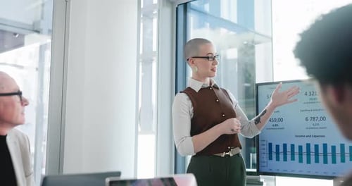 Business, presentation and woman in meeting, financial agency or charts for company revenue