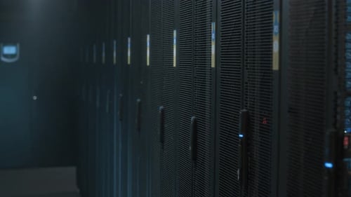 Server Room with Black Rack Server Cabinets in Data Center