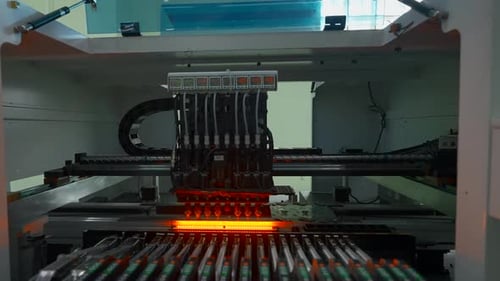 La
máquina automática de recoger y colocar está instalando componentes en la placa de circuito. Creativo.