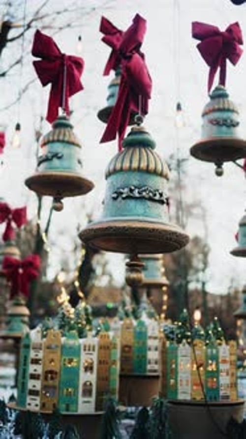 Decorative hanging bells with red bows and warm string lights outdoors. Vertical
