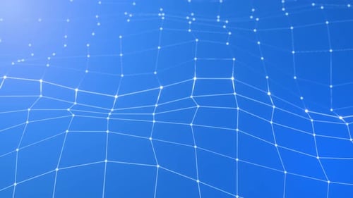 Abstract futuristic background with dots and lines. Camera movement through the wave from the mesh.