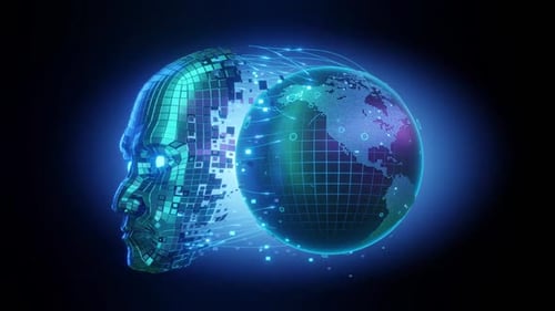 Futuristic AI Head and Global Data Network Loop