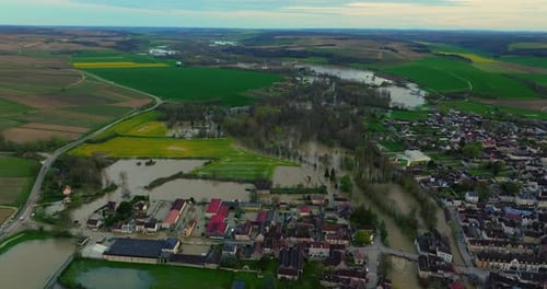 Aerial View of the Floods in the France Yonne River in Flood Natural Disaster Water Flooded a City