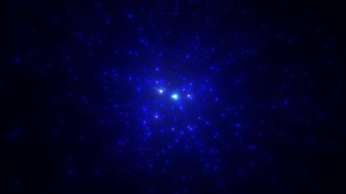 Abstract deep blue cosmic field with glowing particles radiating from a dark space background