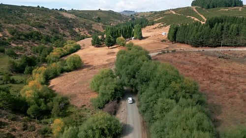 Forward flight over car on dirt road through rolling hills. Liucura, Lonquimay, Chile